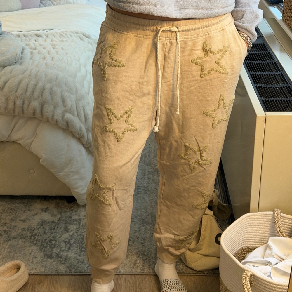 Tan Star Embroidered Pants